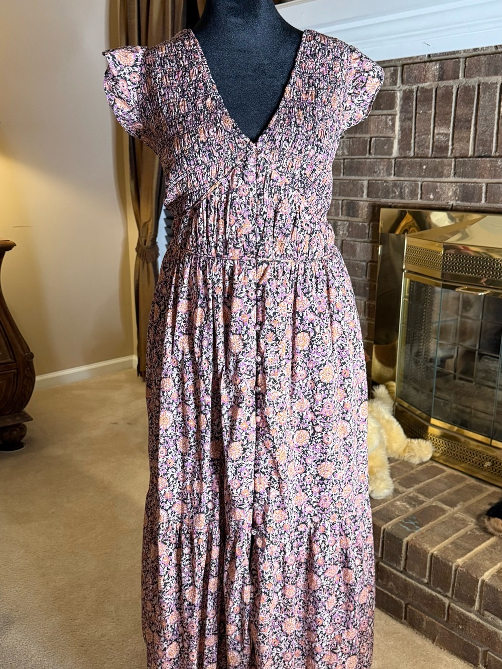 Anthropologie Pink Floral V-Neck Tiered Maxi Dress 3x